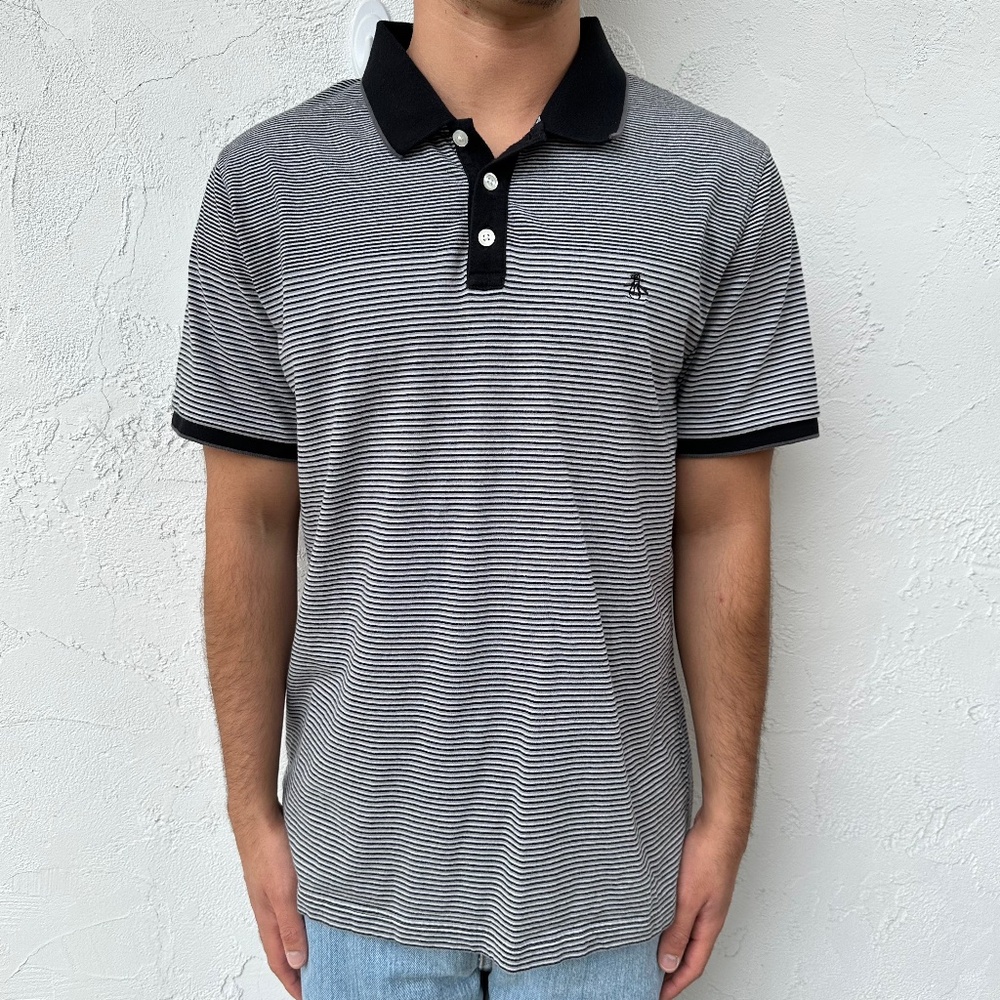 Men's Penguin Black/Grey/White Striped Short Sleeve Polo Shirt Size XL
